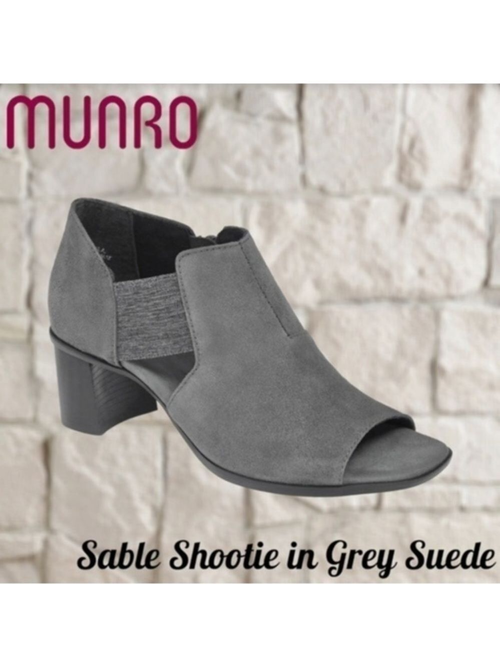 MUNRO Sable Grey Sueded Leather Open Toe Side Cut Out 1.75” Block Heel Shootie